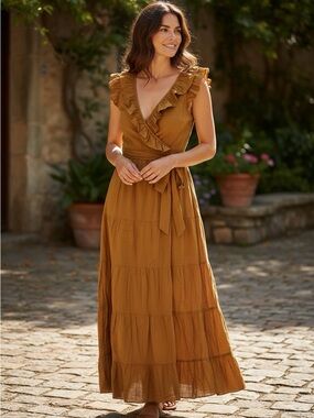 J.Crew Stylish Ruffle Wrap Maxi Dress - Mustard Brown size 4 NWT